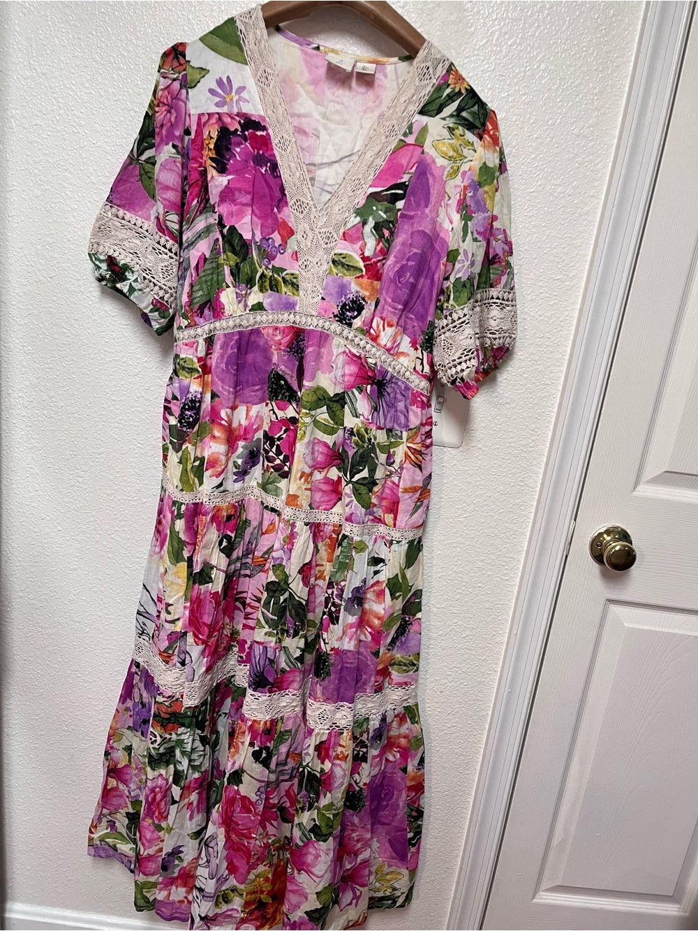 JOIE Floral Maxi Dress Sz L Crochet Lace  Puff  Sleeves Boho Cottagecore Spring